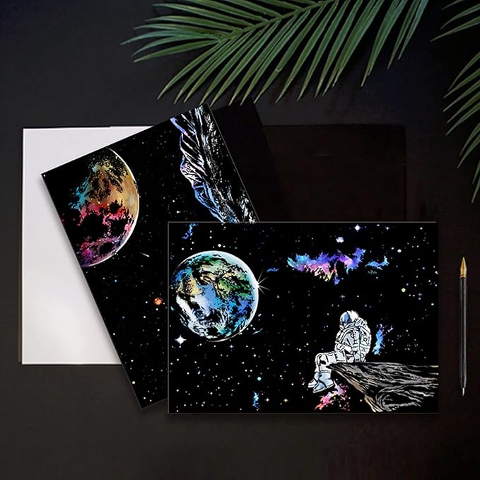 Space Series Scratch & Engraving Art Paper Kit (16"x11.2") for Kids & Adults - Rainbow Sketch Cosmos Astronaut Starry Sky Painting Painting Scratchboard- 3 Pack with 5 Tools: Drawing Pens, Clean Brush