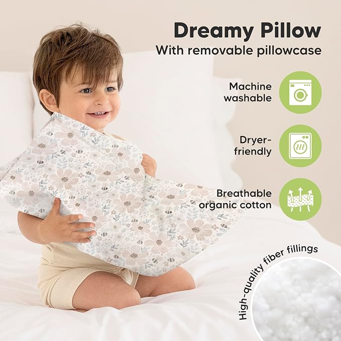 Toddler Pillow with Pillowcase - 13x18 My Little Dreamy Pillow, Organic Cotton Toddler Pillows for Sleeping, Kids Pillow, Travel Pillows, Mini Pillow, Nursery Pillow, Toddler Bed Pillow (Flora Vale)
