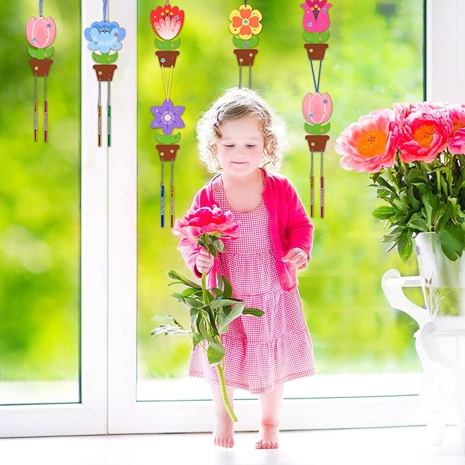 Fennoral 12 Pack Flower Wind Chime Craft for Kids Make You Own Flower Wind Chimes Ornaments DIY Coloring Wooden Art and Craft for Spring Summer Art Activities Birthday Decorations