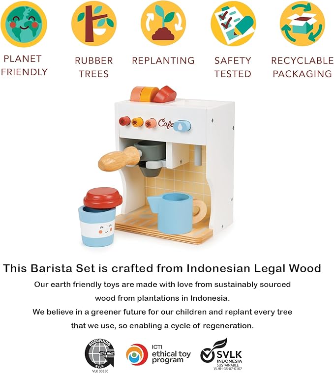 Mentari Toys - Barista Set - Wooden Coffee Machine Pretend Food Play Toy with Espresso Capsules and Cups - Made with Premium Materials and Craftsmanship - Age 3+