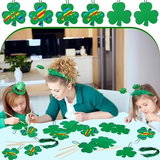 Liliful 60 Set St. Patrick's Day Crafts for Kids Shamrocks Colorful Scratch with 30 Wooden Scratch Tools Green Shamrocks Hanging Craft Art Kit for Kids Gifts St. Patrick's Day Party School Favors