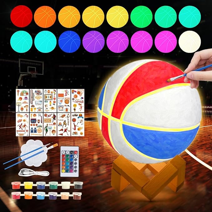 Paint Your Own Basketball Lamp Kit,16 Colors 4.7 Inch DIY 3D Basketball Night Light,Arts and Crafts for Kids Ages 4-12,Art Supplies for Kids Girls Boys Birthday Gifts