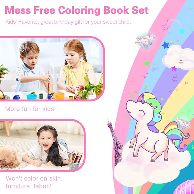 Unicorn Coloring Book Set with Coloring Pages & Colored Pencils, Art Supplies for Kids Ages 4-6-8, Arts Crafts Travel Coloring Kit for Girls 4 5 6 7 8 Year Old Birthday Gift