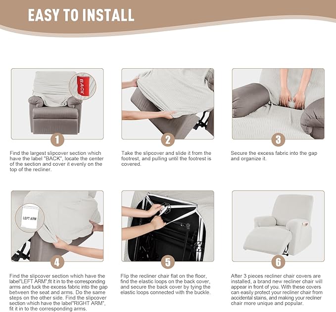 KinCam Recliner Covers, Stretch Reclining Chair Covers, Recliner Sofa Slipcovers Stripe Jacquard Recliner Couch Covers Furniture Protector Covers for Pet Kid (1 Seater, Cream)