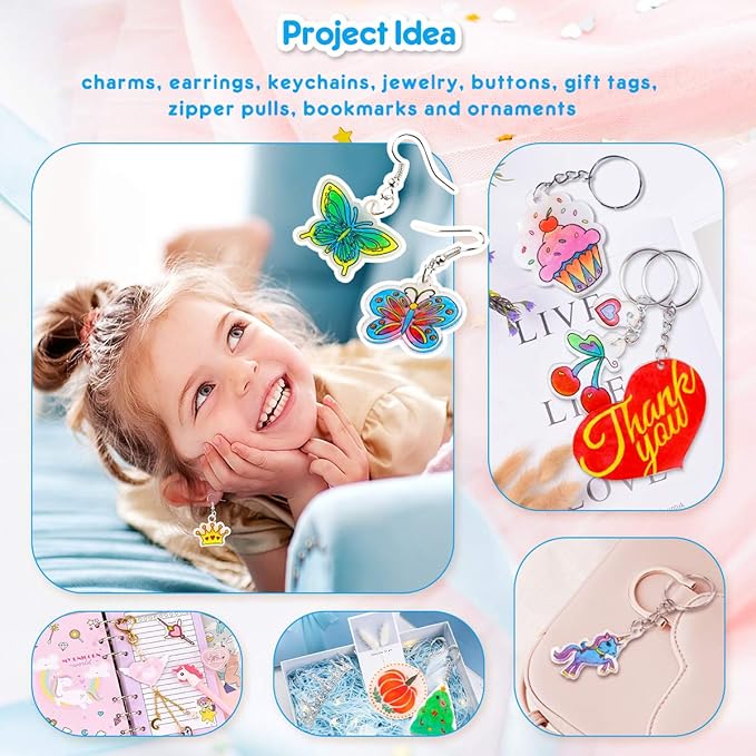 Mocoosy Shrink Plastic Kit for Shrinky Dinks, 148PCS Heat Shrinky Art Sheets for Kids, Clear Frosted Shrink Paper Include Shrinkable Films & DIY Keychain Earring Making Accessories Craft Activity Set