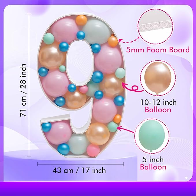 Mosaic Balloon Numbers Frame Light Up Numbers 9 Pre-Cut Large Foam Board Sign Cut-out for Boy Girl Birthday Backdrop Anniversary Decoration