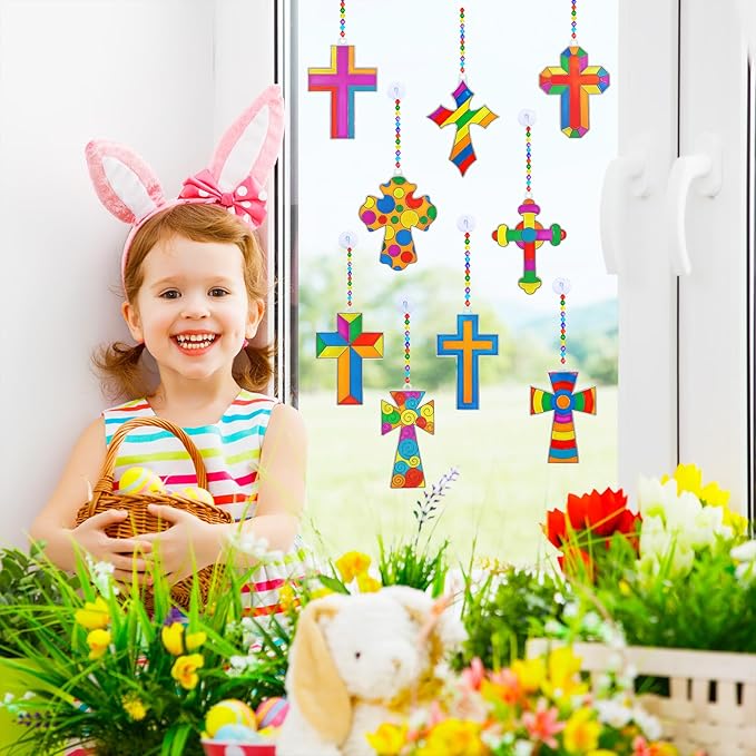 Winlyn 27 Sets Cross Suncatchers Ornaments Decorations DIY Window Paint Art Suncatchers Cross Craft Kits Cross Sun Catchers for Kids Sunday School VBS Christmas Easter Holiday Activities Party Favors