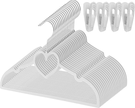 Grey Heart Velvet Baby Hangers - 50pack 13inch Toddler Hangers with 20pcs Clips, Premium Velvet Strong and Durable Baby Clothes Hangers Without Slipping, Ultra Slim and Stackable Space Saving