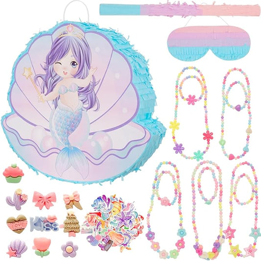 PATIO CHOICE 73 PCS Mermaid Piñata Set Include Mermaid Piñata Stick and Blindfold Necklace Bracelet Rings Stickers for Kids Girls, as Birthday Party Carnivals Festivals Decorations