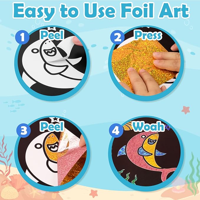 Foil Art Craft Activity for Kids: Fun DIY Toy Sticker Kit, No Mess Creative Travel Supply Set, Idea Birthday Easter Basket Stuffers Valentines Gift for Girl Boy Toddler 4 5 6 7 8 9 Year Old (Ocean)