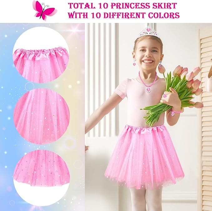 70 Pcs Princess Tutu Crown Dress up Accessories Princess Jewelry Pretend Play Set Tutu Skirts Crowns Adjustable Jewel Necklaces Rings Earrings Bracelets for Girls Christmas Birthday Party Favors