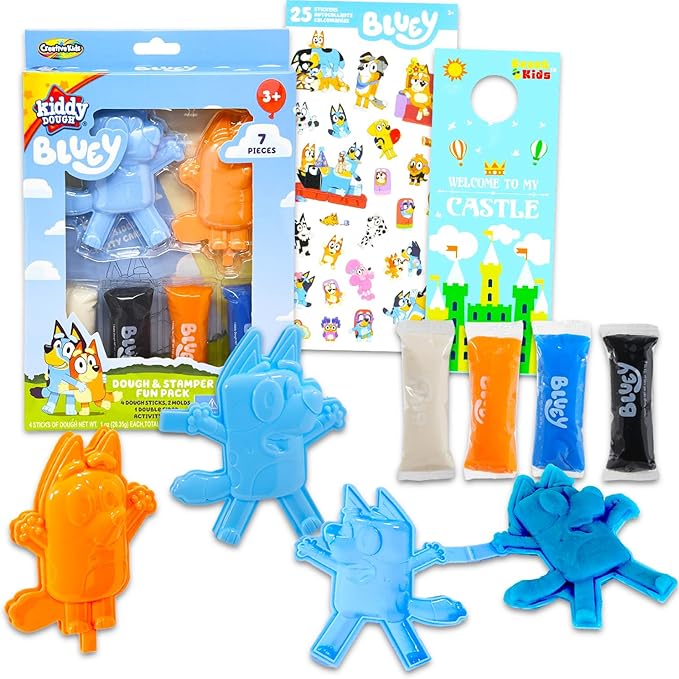 Bluey Dough and Stamper Activity Set - Bundle with 4 Bluey Dough Sticks with 2 Bluey Character Molds for Boys, Girls Plus Stickers | Bluey Sensory Dough for Kids