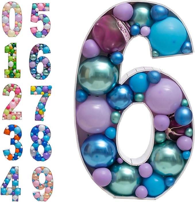 Mosaic Balloon Frame Light Up Numbers 6 Pre-Cut Tall Large Foam Board Sign Cut-out for Boy Girl Birthday Backdrop Anniversary Decoration