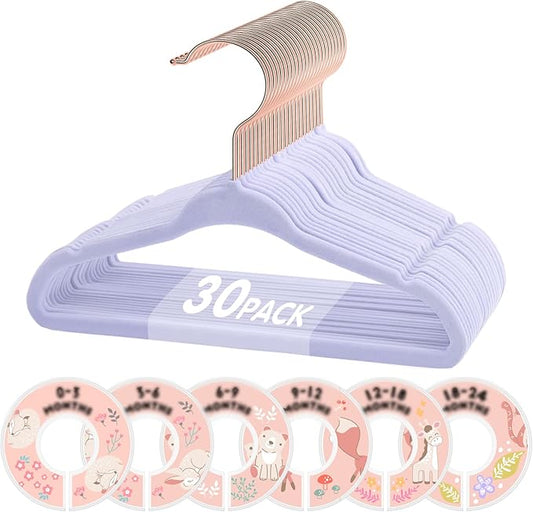 Baby Hangers, VIS'V 11 Inch Lavender Velvet Kids Hangers with 6 Pcs Size Dividers Non Slip Nursery Children Closet Clothes Hangers for Infant Toddler Girls and Boys 30 Pcs