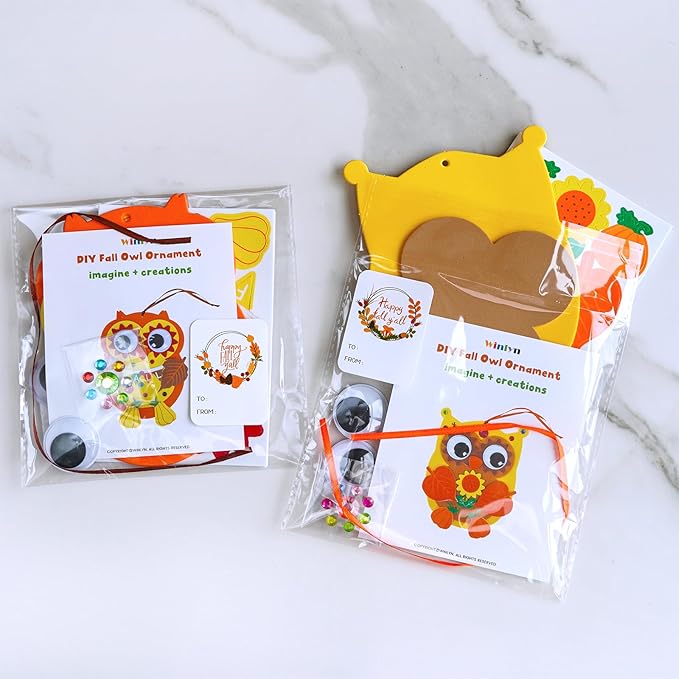 Winlyn Fall Craft Kits DIY Fall Owl Ornaments Decorations 24 Individually Packaged Art Sets Kids Crafts Foam Owl Pumpkin Fall Leaf Stickers for Kids Autumn Thanksgiving Halloween Classroom Activities