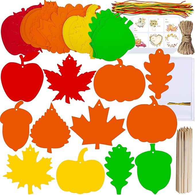 Winlyn 48 Sets Colorful Magic Color Scratch Fall Ornaments Autumn Scratch Art Maple Leaf Oak Leaf Pumpkin Apple Acorn Fall Craft Kits for Kids Classroom Activities Halloween Harvest Party Decorations
