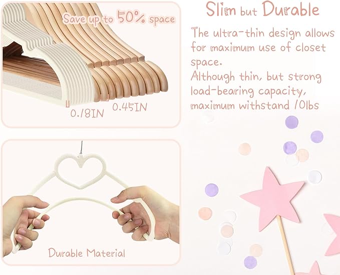 Beige Heart Velvet Baby Hangers - 50pack 13inch Toddler Hangers with 20pcs Clips,Ultra Slim and Stackable Space Saving