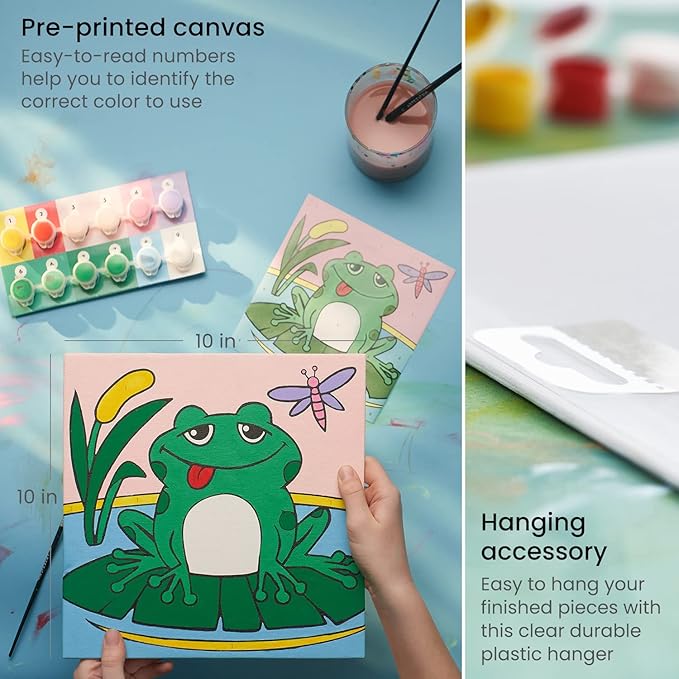 Arteza Kids Paint by Numbers Kit, 10" x 10", Pre-Printed Fairytale Canvas Painting Kit with 2 Canvases, 24 Acrylic Paint Pots, 3 Paintbrushes, Art Supplies for Developing Hand-Eye Coordination, Frog