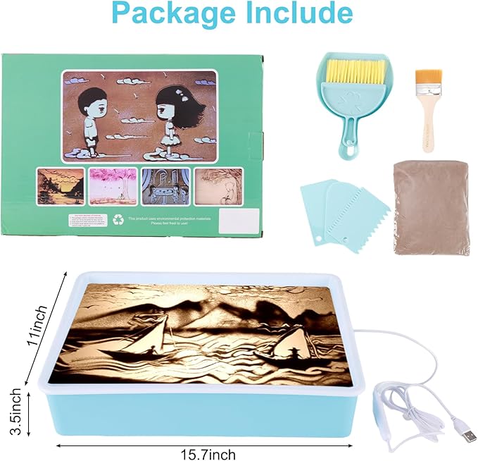 Kids Light Table Sand Painting Light Box Sand Drawing Toys Drawing Art Kits with Adjustable LED Lights in 7 Colors Sand Table (Blue)