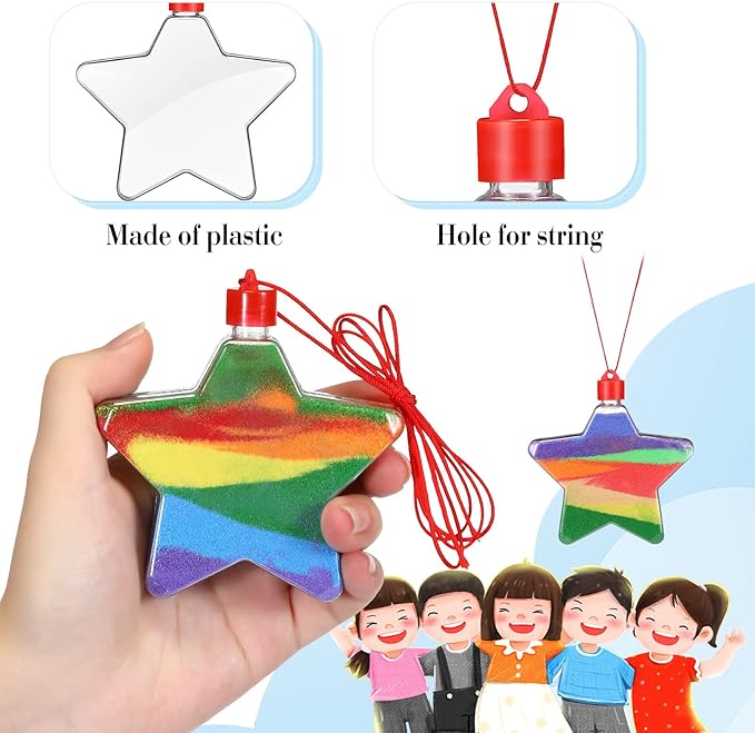 Yinkin 50 Pcs Sand Art Bottle Necklaces DIY Sand Art Craft Kit with 10 Pcs Plastic Mini Funnels Christmas Plastic Bottles for Kids Craft Christmas Party Favors, Sand Not Included (Star Style)