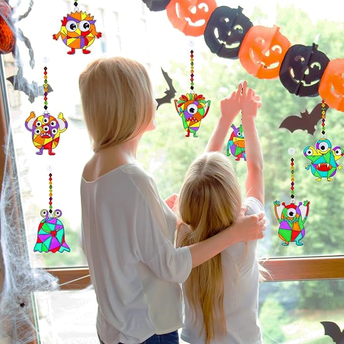 Winlyn 27 Sets Halloween Craft Kits Fall Crafts Monster Suncatchers Ornaments Decorations DIY Window Paint Art Suncatchers Hanging Monster Sun Catchers for Kids Classroom Party Activities