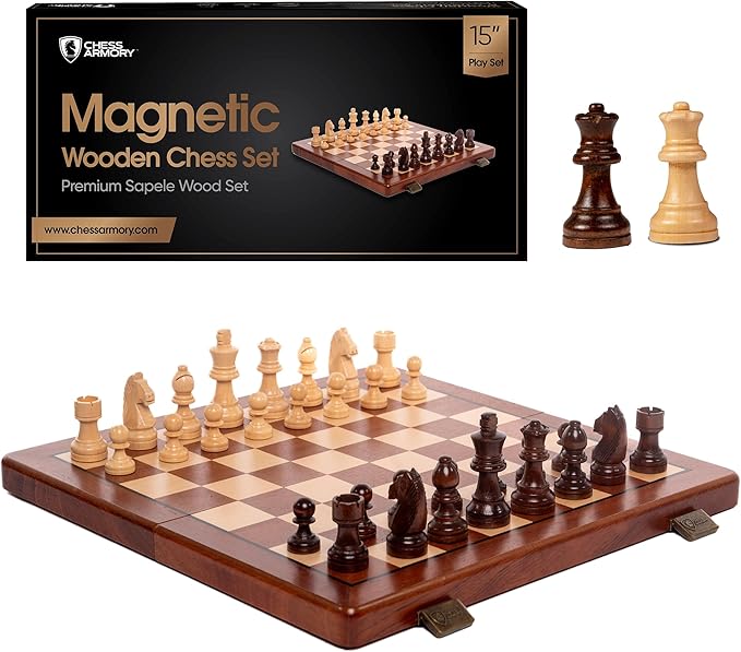 Chess Set Magnetic - Premium Wooden Board Game with a Portable Wood Case and Secure Storage for Pieces, Set for Kids and Adults (Sapele Wood) - Chess Armory