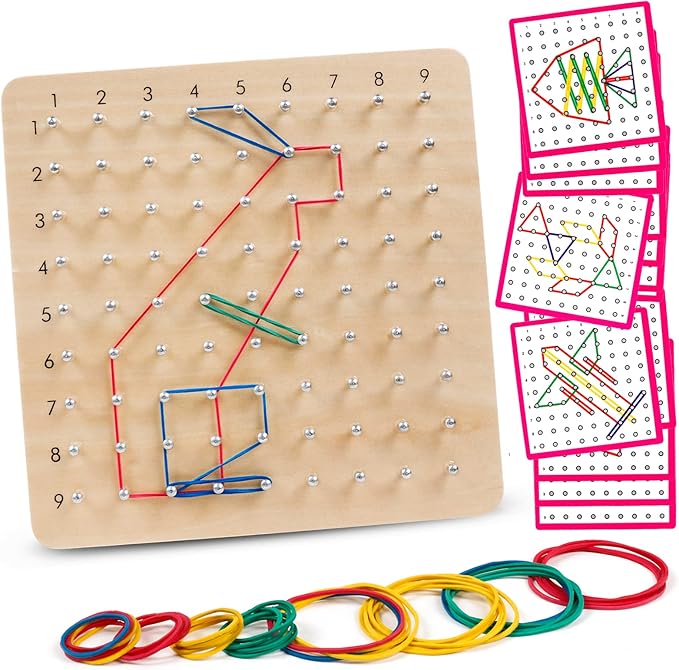 Skrtuan Wooden Geoboard with Rubber Bands, Montessori Educational Toy for Kids, Pattern Block Geo Board with Pattern Cards and Rubber Bands Create to Figures Shape STEM Puzzle Matrix Brain Teaser