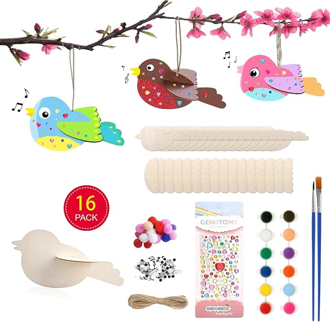 RONIAVL 16pcs 3D Bird Wind Chime Craft Kit for Kids with Paint Make Your Own Bird Wooden Crafts Summer Craft for Kids for Birthday Party Favors Outdoor Garden Patio DIY Arts and Crafts
