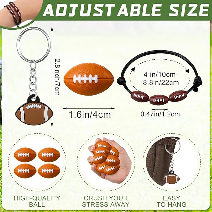 Nosiny 108 Pcs Football Party Favors Bulk 36 Pcs Football Keychain Gifts 36 Pcs Football Stress Balls 36 Pcs Football Charm Bracelets for Team Birthday Party Supplies
