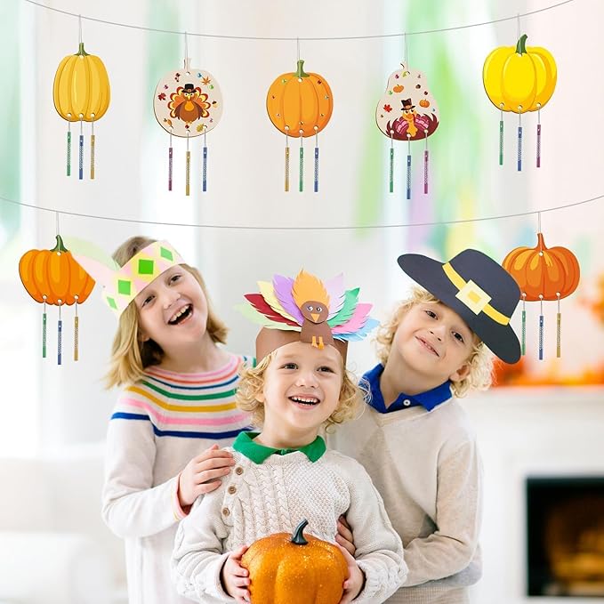 gisgfim 16 Pack Thanksgiving Pumpkin Wind Chime Crafts Kits for Kids Make Your Own Pumpkin Wind Chime Wooden DIY Arts and Crafts for Fall Party School Classroom Decorations Supplies Birthday Favors