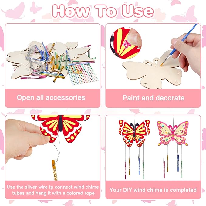 Fennoral 8 Pack Butterfly Wind Chime Kits for Kids Make Your Own Butterfly Wind Chimes Wooden Arts and Crafts Ornaments DIY to Paint Butterfly Craft for Fall Art Activity Birthday Decoration