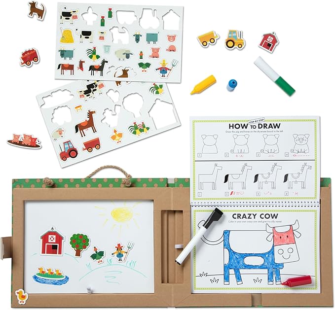 Melissa & Doug Natural Play: Play, Draw, Create Reusable Drawing & Magnet Kit – Farm (38 Magnets, 5 Dry-Erase Markers)