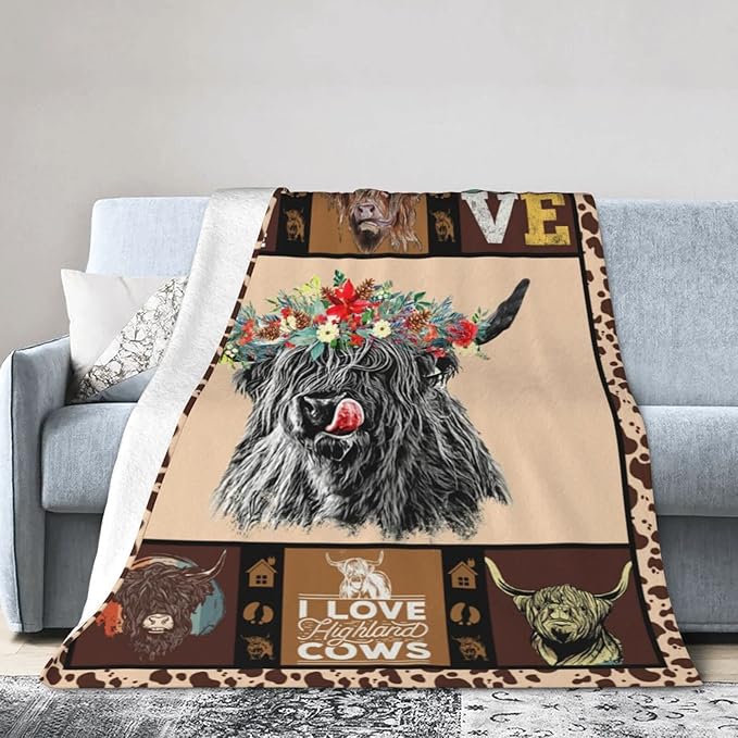 Highland Cow Throw Blanket Gifts for Women Adults Cattle Animal Print Ultra Soft Cozy Plush Fleece Warm Lightweight Living Room Couch Bed Dorm Chair Sofa Decor 40''X50''