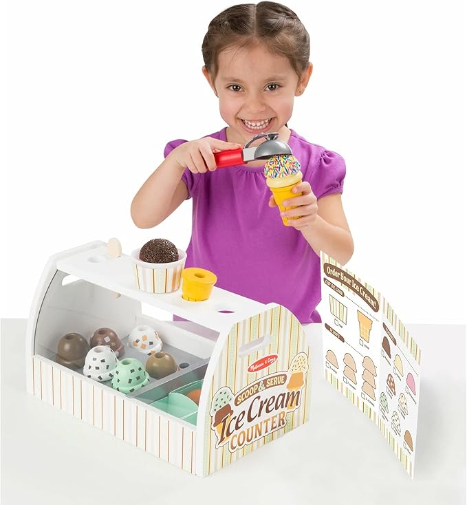 Melissa & Doug Wooden Scoop and Serve Ice Cream Counter With Play Food and Accessories (28 Pcs) Pretend Food, Ice Cream Toys, For Kids Ages 3+