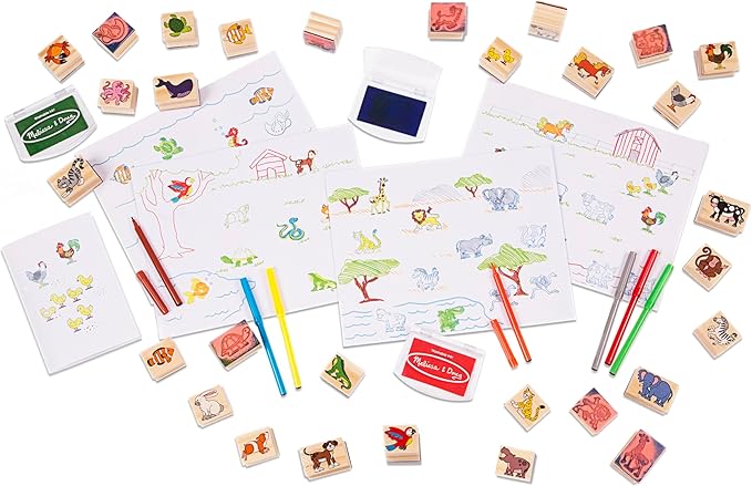 Melissa & Doug Jumbo Deluxe Wooden Stamp Set Animals (40 Stamps, 7 Markers, 3 Colored Ink Pads)
