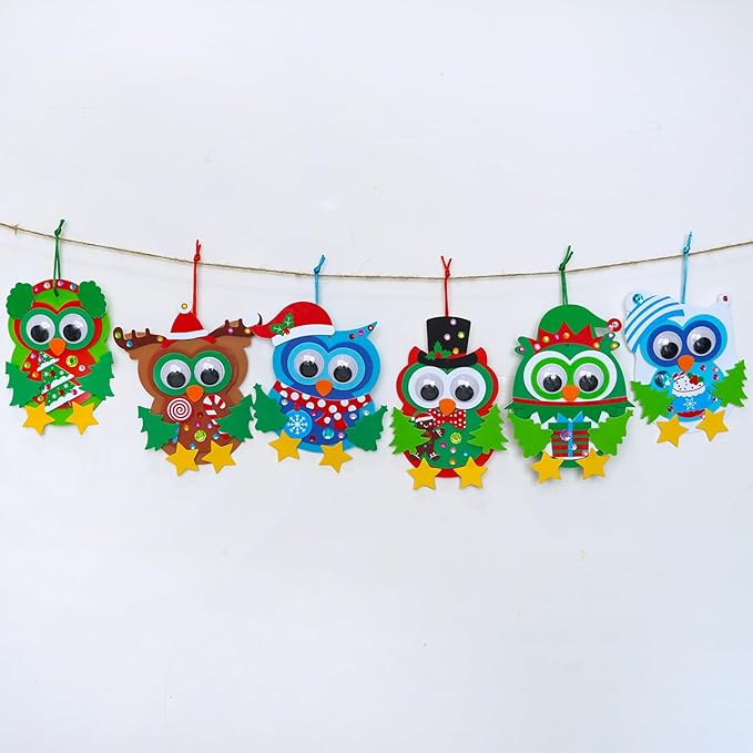 Winlyn 24 Sets Christmas Craft Kits Winter Crafts DIY Christmas Owl Ornaments Decorations Art Sets Foam Owl Christmas Tree Holiday Stickers for Kids Festival Home Classroom Activities Party Favors