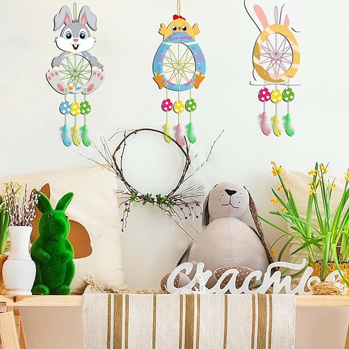 Fennoral 5 Pack Easter Dream Catcher Craft Kit for Kids Paint You Own Bunny Chick Dream Catcher Ornament DIY Coloring Wooden Easter Art and Craft for Art Activity Project Easter Decoration