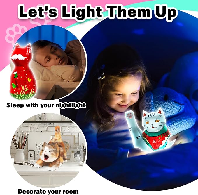 FUNZBO 3Pcs Paint Your Own Cat Lamp Kit - Art & Craft Supplies Kitten Painting Kits, Arts and Crafts for Kids Adults, DIY Night Light Toys Christmas Gift for Girls Boys Ages 3 4 5 6 7 8 9 10 11 12 13+