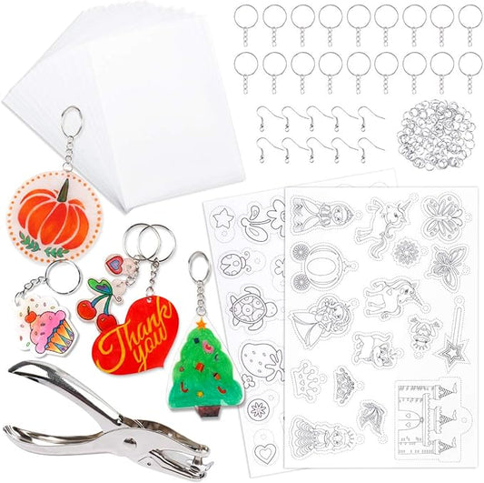 Mocoosy Shrink Plastic Kit for Shrinky Dinks, 148PCS Heat Shrinky Art Sheets for Kids, Clear Frosted Shrink Paper Include Shrinkable Films & DIY Keychain Earring Making Accessories Craft Activity Set
