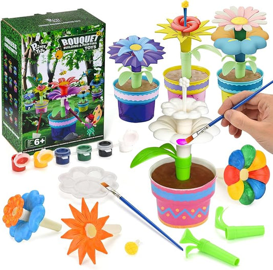 Pairez Toys Flowers Building Blocks Toys, Painting Kit Flower Toys for Kids, Arts and Crafts Kits, STEM Educational Gardening Pretend Toy for Girls & Boys Age 6 7 8 9 10