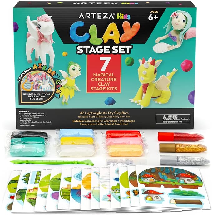 Arteza Kids Air Dry Clay, 42 Bars, Magical Creature Modeling Clay Kit, 14 Mini-Stages, Craft Supplies for Learning Centers and Educational Playtime, Birthday Gifts
