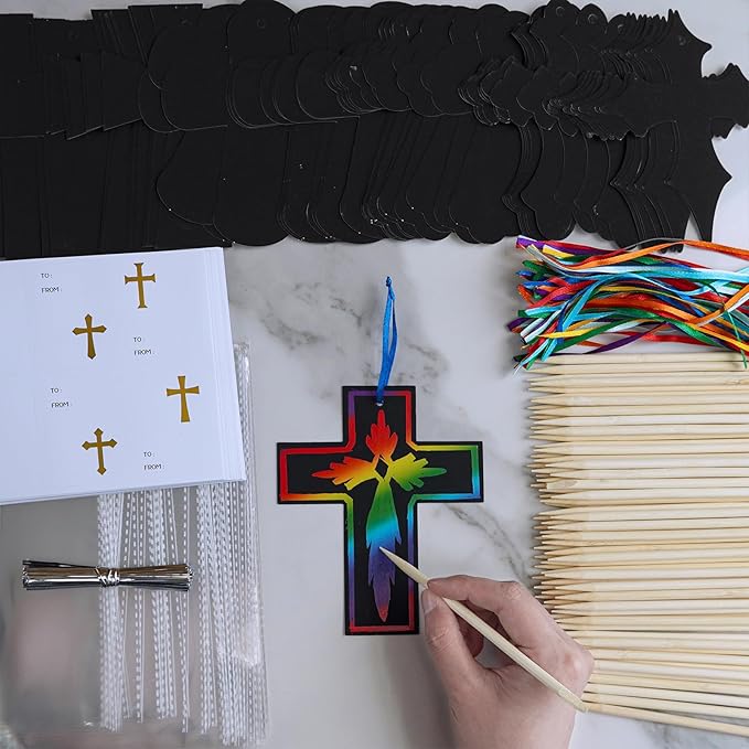 Winlyn 72 Sets 6 Styles Magic Color Scratch Cross Ornaments Craft Kits Rainbow Scratch Art Sets Scratch Paper Crosses with Scratching Tools for Kids Classroom VBS Sunday School Religious Activities