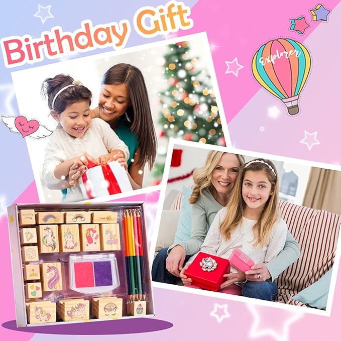 Unicorn Wooden Stamp and Sticker Set for Girls, Stampers, Inkpad, Coloring Pencil, Sticker Included, Arts & Crafts Set for Girls Boys Kids Ages 4 5 6 7 8 9 10 Years Old