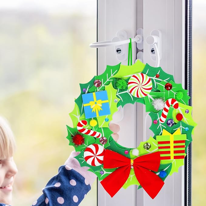 Winlyn 12 Sets Christmas Craft Kits DIY Christmas Wreath Ornaments Decorations Art Sets Snowman Santa Penguin Holly Leaf Christmas Foam Stickers Arts and Crafts for Kids Holiday Classroom Activities