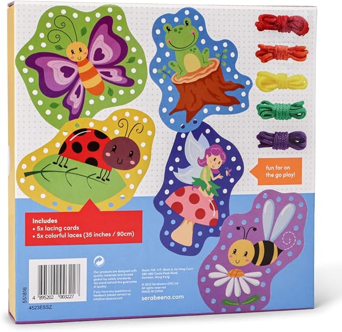 Serabeena Fairy Kids Lacing Cards - Colorful Lacing Cards for Kids Ages 3-5 Plus - Lace Up Sewing Cards - Develops Hand-Eye Coordination & Fine Motor Skills - 5 Sewing Animals for Kids with Laces