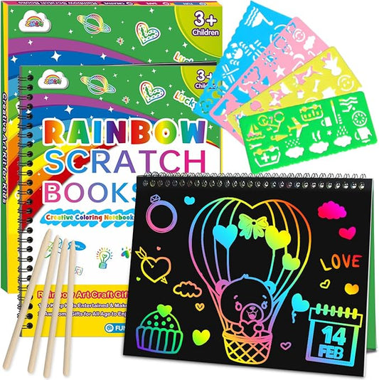 ZMLM Scratch Paper Art Craft Gift: 2 Pack Rainbow Scratch Set for Kids Ages 4-8 Drawing Coloring Craft Black Magic Art Supplies Kits Easter Basket Stuffers for Girls Boys Birthday Valentines Day Toys