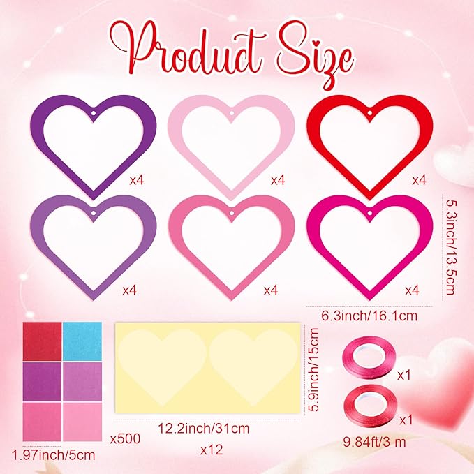 Tinlade 24 Pcs Valentine's Day Suncatcher Craft Kit Pink Heart Shaped Suncatcher Window DIY Tissue Paper Decoration Ornament for Classroom Valentines Party Favor Supplies