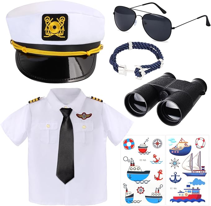 Yewong Kids Yacht Captain Sailor Costume Navy Admiral Uniform Hat Accessories Set for Halloween Birthday Boat Party