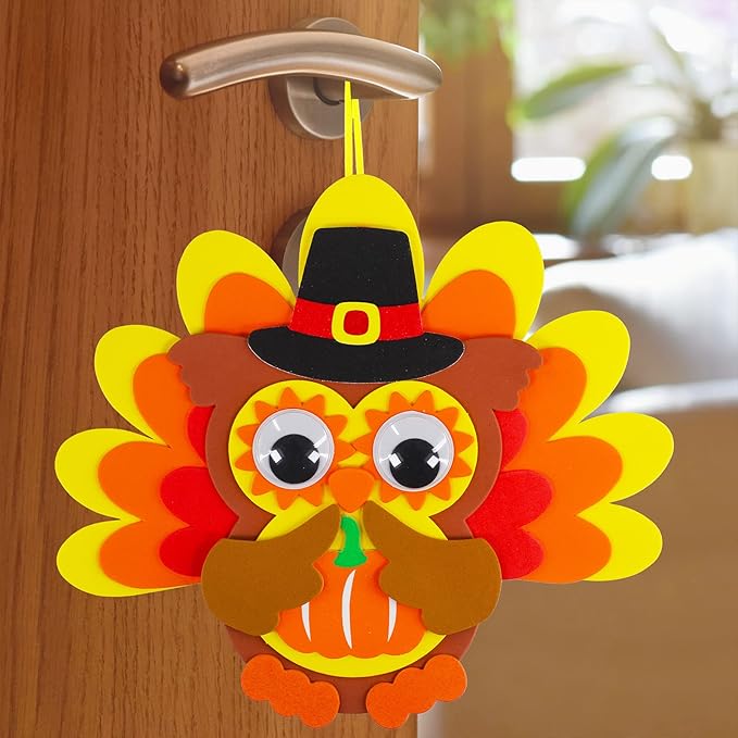 Winlyn 24 Sets Thanksgiving Owl Ornaments Decorations Art Sets DIY Thanksgiving Craft Kits Fall Crafts Pumpkin Sunflower Turkey Foam Stickers Arts and Crafts Googly Eyes for Kids Classroom Activities