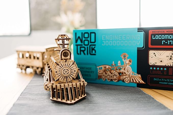 Wood Trick Wooden Toy Train Set with Railway - 34x7″ - Locomotive Train Toy Mechanical Model Kit - 3D Wooden Puzzles for Adults and Kids to Build - Engineering DIY Wooden Models for Adults to Build